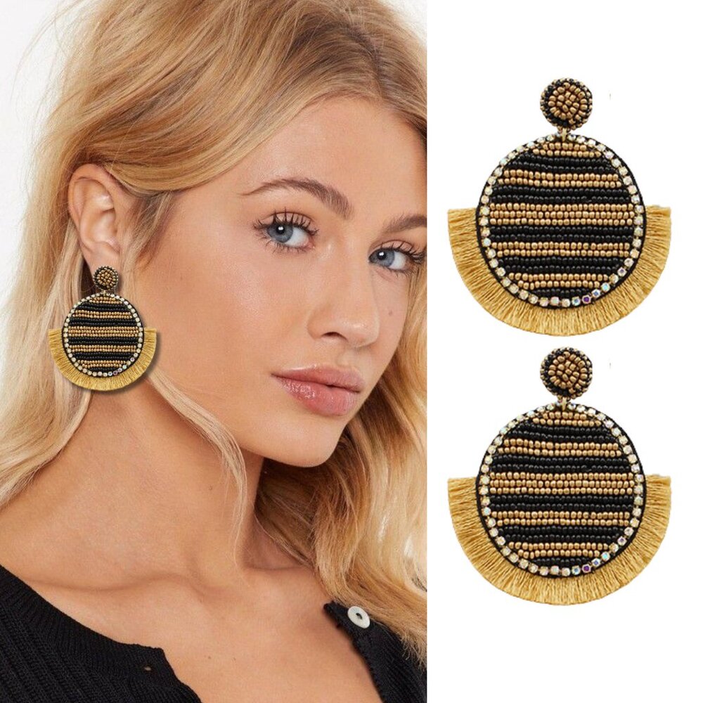 Gold Black Circle Fringe Football Team Colors Gameday Earrings Steelers Saints